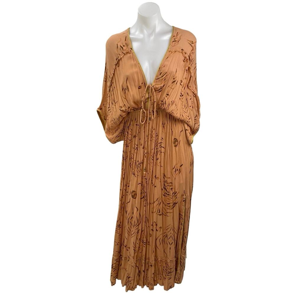Z&L Tan Long Dolman Sleeve V Neck Pleated Open Back Blouson Maxi Dress Size S